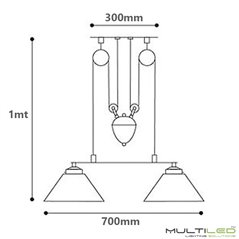 Lampara Colgante Retro Industrial Vintage con polea 2 tulipas Vara